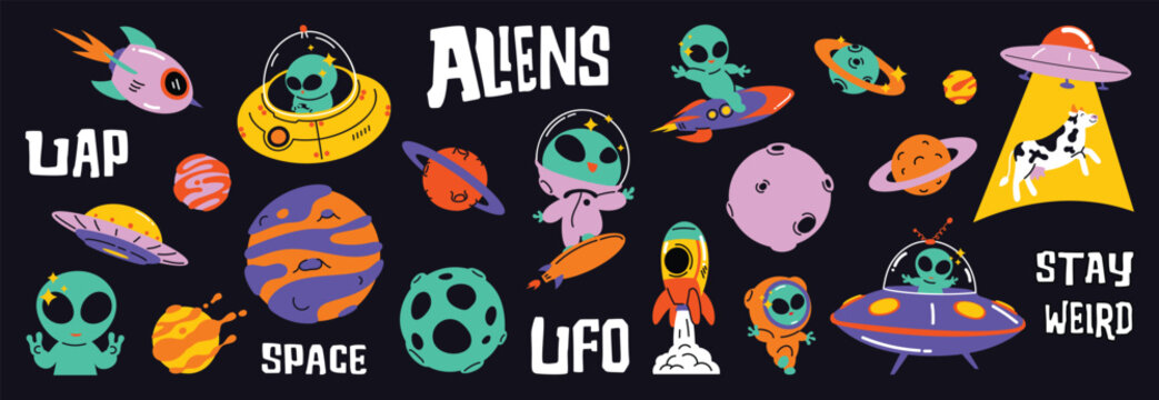 Set of 70s groovy element vector. Collection of cartoon character, doodle smile face, UFO, UAP, alien, spaceship, rocket, saturn, cow. Cute retro groovy hippie design for decorative, sticker, kids.