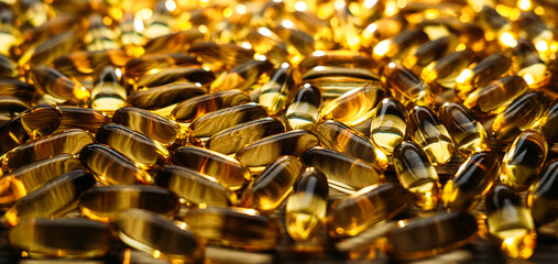 Many yellow Vitamin D, Fish Oil, Omega-3 capsules in sunshine light on table. Soft Fish Oil, Vitamin D supplements capsules on wooden background. Selective focus