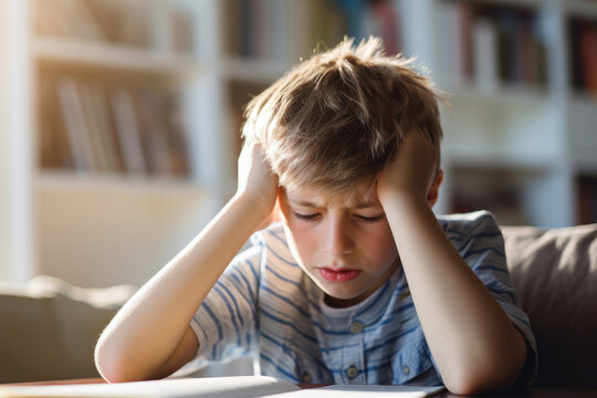 Concentrated child doing his homework at home. The boy struggles to read a book. Education, school, learning disability, reading difficulties, dyslexia concept