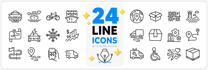 Icons set of Bicycle, Delivery route and Pin line icons pack for app with Flight mode, Travel path, Filling station thin outline icon. Opened box, Shipment, Taxi pictogram. Vector