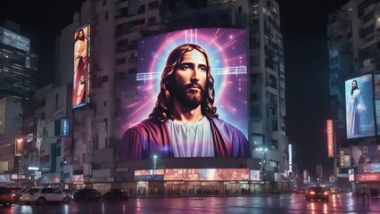 A holographic billboard of Jesus Christ on a tall building, a night scene. a modern concept for a Christian mass and concert