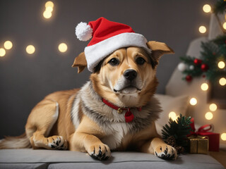 A greede dog with rd christmas hat