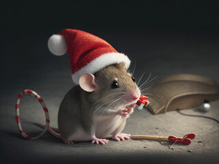 A mouse with christmas hat with hand wrting