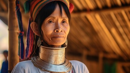Portrait of Karen Long Neck Woman at Hill Tribe Village, Tribe in Thailand.