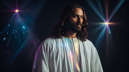 futuristic portrait of Jesus Christ in a dark bokeh lights background, 3/4 view, a modern concept for a Christian concert.