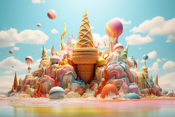 Ice Cream Fantasy, Cartoon illustration of an ice cream waffle cone surrounded by colorful elements. Creative Ice cream banner advertising concept. Imaginary ice cream world wallpaper concept