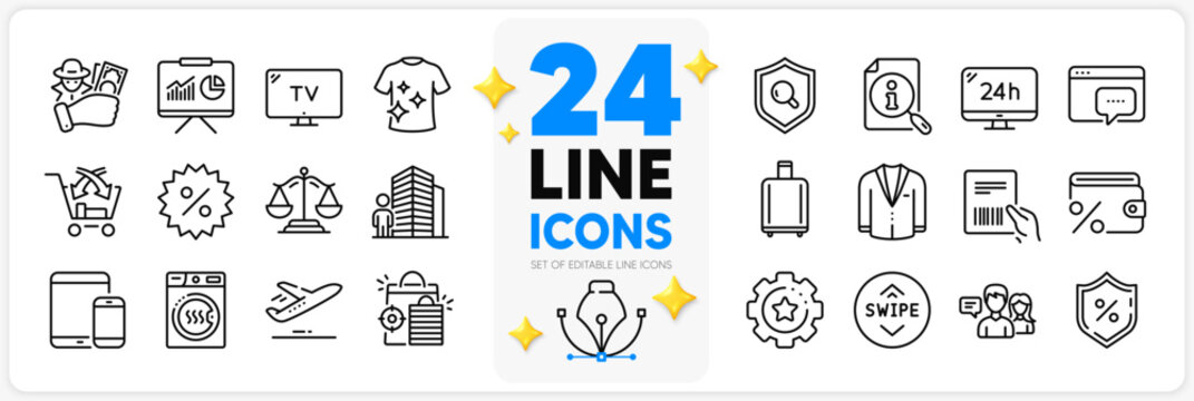 Icons set of Agent, People talking and Justice scales line icons pack for app with Savings tax, Parcel invoice, 24h service thin outline icon. Search, Clean t-shirt, Tv pictogram. Vector