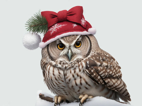 A owl with christmashat with hand wrting