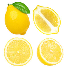 ripe lemon fruit with leaves, half and slice lemon isolated, Fresh and Juicy Lemon, transparent PNG, collection, cut out
