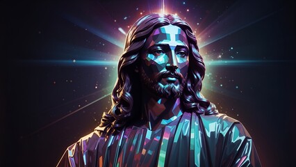 futuristic Holographic Jesus Christ statue in a dark background, Christian concert background 