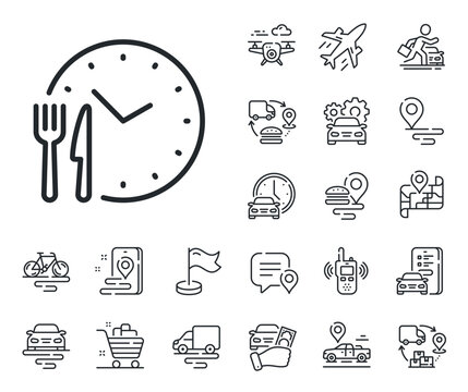 Meal order clock sign. Plane, supply chain and place location outline icons. Food time line icon. Restaurant opening hours symbol. Food time line sign. Taxi transport, rent a bike icon. Vector