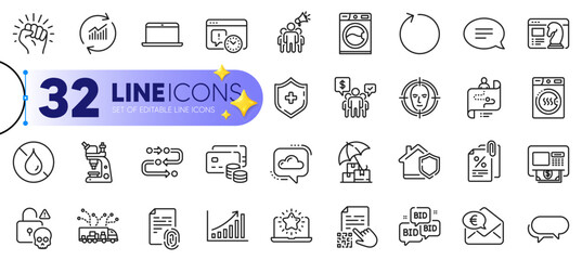 Outline set of Cloud communication, Methodology and Laptop line icons for web with Dryer machine, Tax documents, Cyber attack thin icon. Money, Washing machine, Euro money pictogram icon. Vector