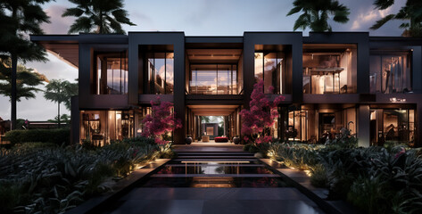 Fototapeta na wymiar luxury Serene villa elevation or facade epitomizing, house in the evening. Generative Ai content