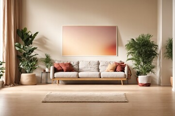 a comfortable, simple space with a beige wall decorated with a sizable, eye-catching poster. The area has a touch of nature thanks to the potted plant in the corner. 