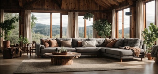 Large windows that let in lots of natural light, a wooden ceiling, grey sofas, and a pleasant, rustic living room 