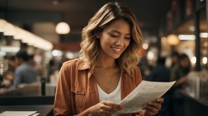 Business woman looking to a paper happily in a cafe. Model beautiful woman smiling with a wide smile. AI Generated