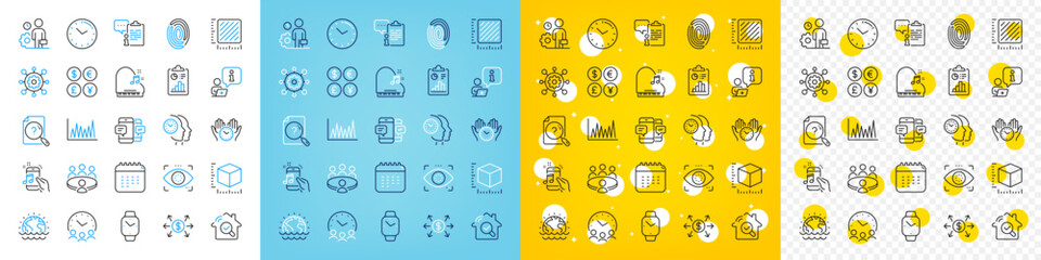 Vector icons set of Package size, Interview and Piano line icons pack for web with Calendar, Meeting time, Framework outline icon. Meeting, Search document, Report pictogram. Music phone. Vector