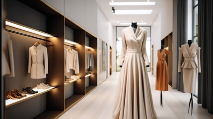 Fashion luxury elegance clothes in the shop, High fashion women's clothing and accessory in shopping mall.