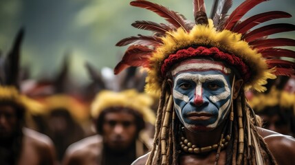 Tribe, Huli Wigmen in traditional costume, Papua New Guinea, Tari Highlands. - obrazy, fototapety, plakaty