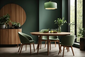 A contemporary room with a round wooden dining table, pale green barrel chairs, and a dark wood cabinet close to a green wall, lit by sunlight from the window.