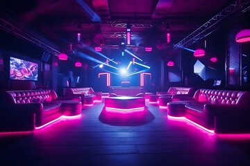 Interior of a night club with neon lights. 3d rendering, colorful interior of bright and beautiful night club with dark seats and glowing lights, AI Generated