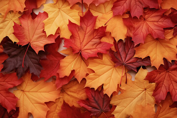 Naklejka na ściany i meble Vibrant red and orange Autumn leaves form a fall backdrop, AI generated