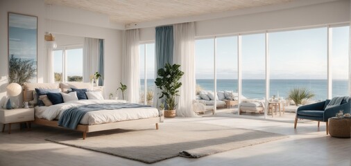 A contemporary bedroom with a beachy feel, with a comfy bed, a big window with a view of the sea, and a white and blue color scheme.