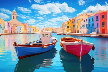Fotobehang Colorful houses and boats in Burano island, Venice, Italy, Colorful seashore city landscape view with beautiful dinghy boats floating on the water. , AI Generated © Ifti Digital