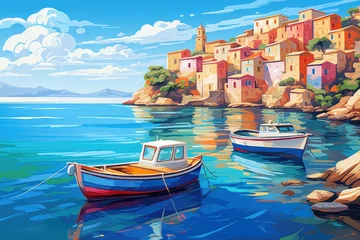 Poster Boat on the sea. Vector illustration of a beautiful island, Colorful seashore city landscape view with beautiful dinghy boats floating on the water. , AI Generated © Ifti Digital