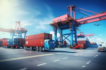 Industrial port with container cargo freight ship and crane bridge for , Container Cargo freight ship with working crane bridge in the sea for Logistic Import Export background, AI Generated - obrazy, fototapety, plakaty