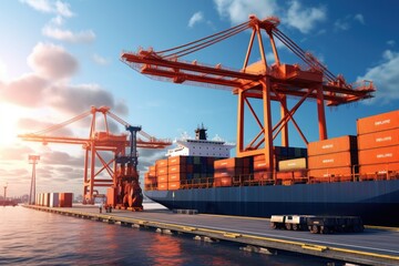 Fototapeta premium Container Cargo freight ship with working crane bridge in shipyard for , Container Cargo freight ship with working crane bridge in the sea for Logistic Import Export background, AI Generated