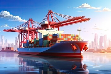 Container Cargo freight ship with working crane bridge, Container Cargo freight ship with working crane bridge in the sea for Logistic Import Export background, AI Generated - obrazy, fototapety, plakaty