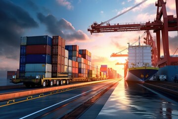 Container Cargo freight ship with working crane , Container Cargo freight ship with working crane bridge in the sea for Logistic Import Export background, AI Generated - obrazy, fototapety, plakaty