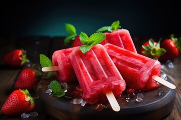 Homemade popsicles with fresh strawberries and ice cubes on wooden background, Colorful homemade popsicle with strawberry, AI Generated - obrazy, fototapety, plakaty