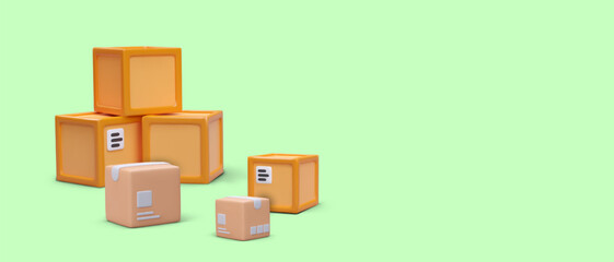 Obraz premium Stack of boxes of different types. Plywood cargo packaging and cardboard parcels without marking. Advertisement of packaging manufacturer. Renting warehouse. Storage of goods