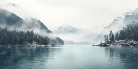 a rustic scene of a like and bay in a mountain valley with light gray and teal colors.