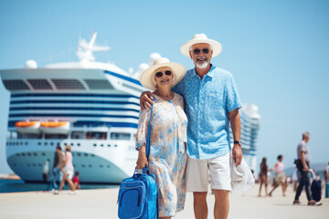 An elderly couple in love with a cruise ship in the background goes on a romantic summer trip by sea, sharing moments of happiness. - obrazy, fototapety, plakaty