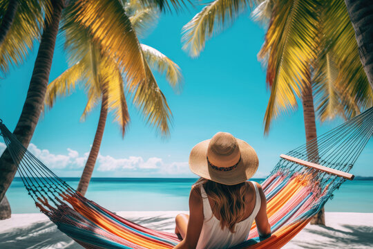 In a tropical paradise, a young woman relaxes in a hammock by the crystal clear ocean.