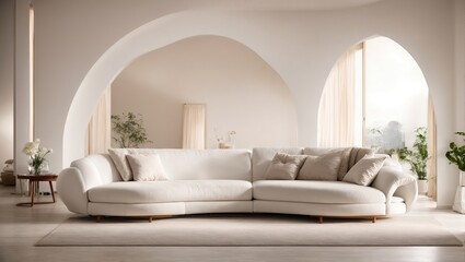 White sofa with an arch in the room. Modern living room with minimalist interior design
