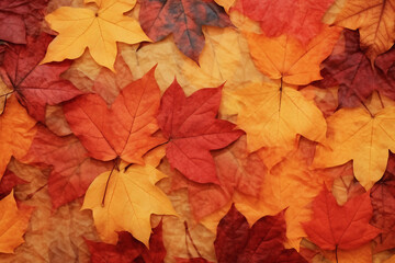 Naklejka na ściany i meble Vibrant red and orange Autumn leaves form a fall backdrop, AI generated