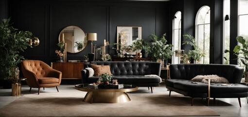 A roomy living room furnished with fashionable furniture offers the ideal fusion of modern and vintage. In front of a plush black tufted sofa, a striking coffee table creates a gorgeous focal point.