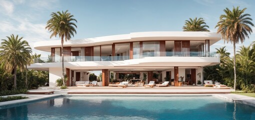 Amazing modern minimalist cubic villa's exterior, which features a huge pool and palm palms.
