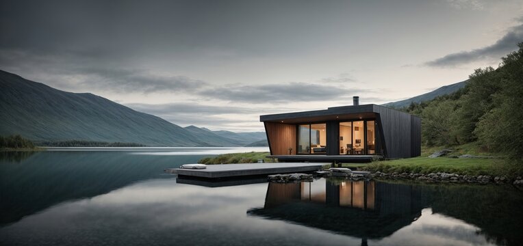 a modern, minimalist small house constructed of gray slate, set on the shore of a peaceful lake, with an original architectural style that mixes in perfectly with the surrounding environment.