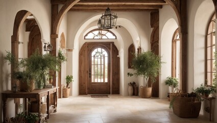 Fototapeta na wymiar hallway with contemporary design with an arched door. Farmhouse's contemporary rustic entryway interior design 