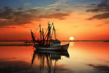 Fishing boat on the water at sunset with a reflection in water and a beautiful sky.  Dramatic sky and beautiful nature background., Wonderful seascape.