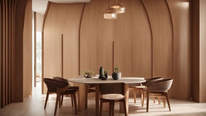 A modern dining room's minimalist décor features abstract wood paneling and an arched wall.