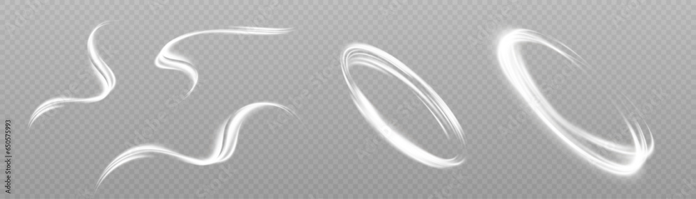 Poster Light white swirl. Curve white line light effect. Glowing white circle. Dynamic white lines with glow effect. Rotating shiny half rings. Abstract sparkling swirl, wave.	