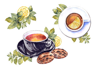 Set of tea cups, lemon, cookies and mint leaves. Watercolor illustration isolated on white background.