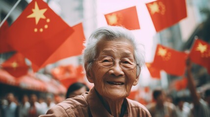 Old wrinkled person from Hong Kong With country flag waving in air.