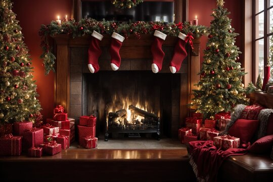 Red Christmas sock on the hearth. gorgeously decorated living room for the Christmas and New Year's festivities.